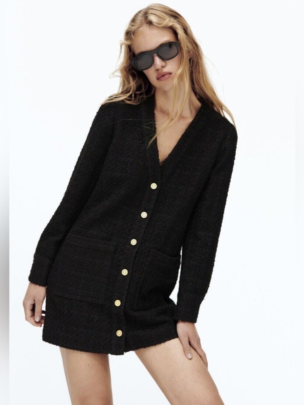 Zara Tweed Textured Weave Blazer Dress Size M Black Gold Buttons Blogger Fav